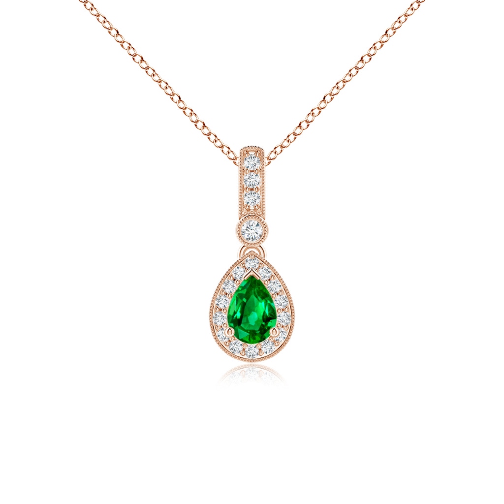 6x4mm AAAA Pear-Shaped Emerald and pave Diamond Halo Pendant in Rose Gold