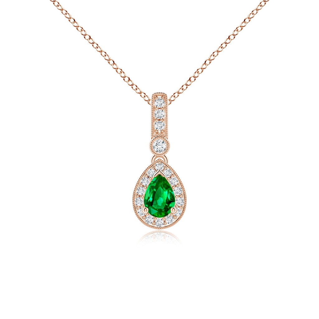 6x4mm Lab-Grown Pear-Shaped Emerald and pave Diamond Halo Pendant in Rose Gold