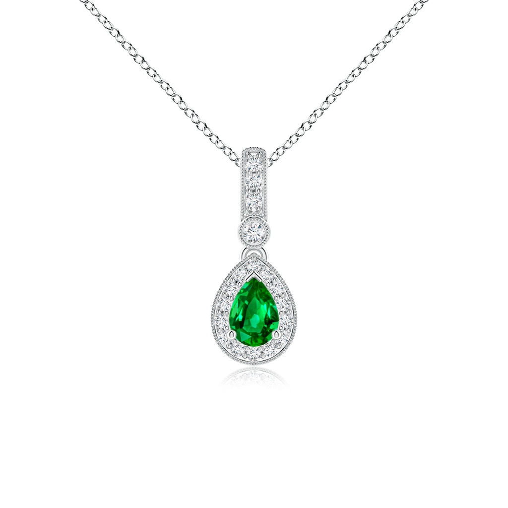 6x4mm Lab-Grown Pear-Shaped Emerald and pave Diamond Halo Pendant in White Gold