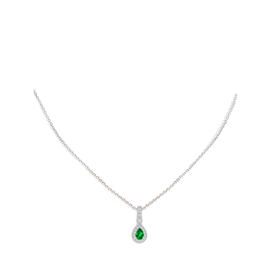 6x4mm Lab-Grown Pear-Shaped Emerald and pave Diamond Halo Pendant in White Gold body-neck