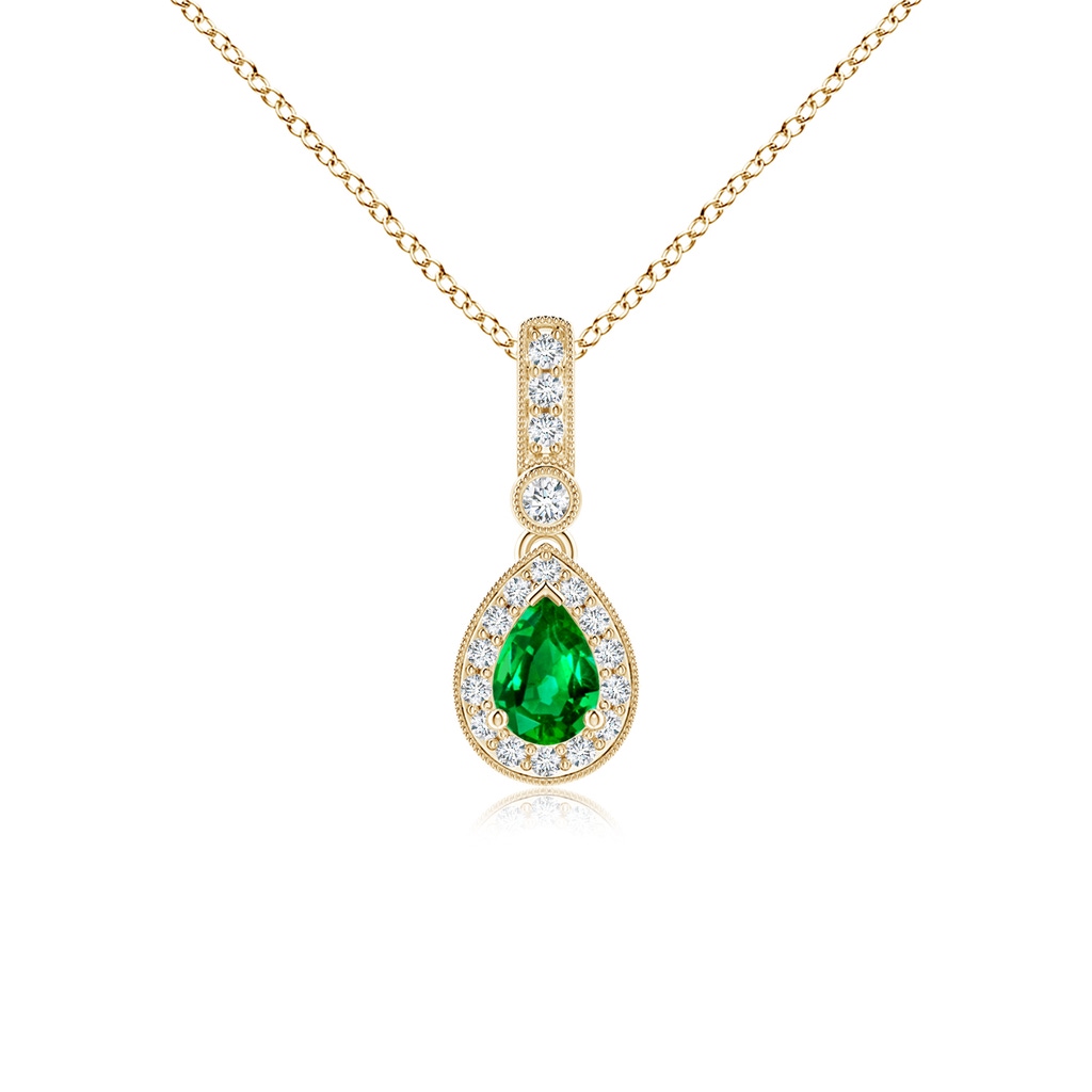 6x4mm AAAA Pear-Shaped Emerald and pave Diamond Halo Pendant in Yellow Gold