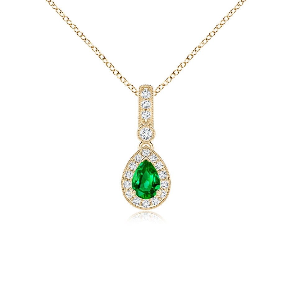 6x4mm Lab-Grown Pear-Shaped Emerald and pave Diamond Halo Pendant in Yellow Gold 