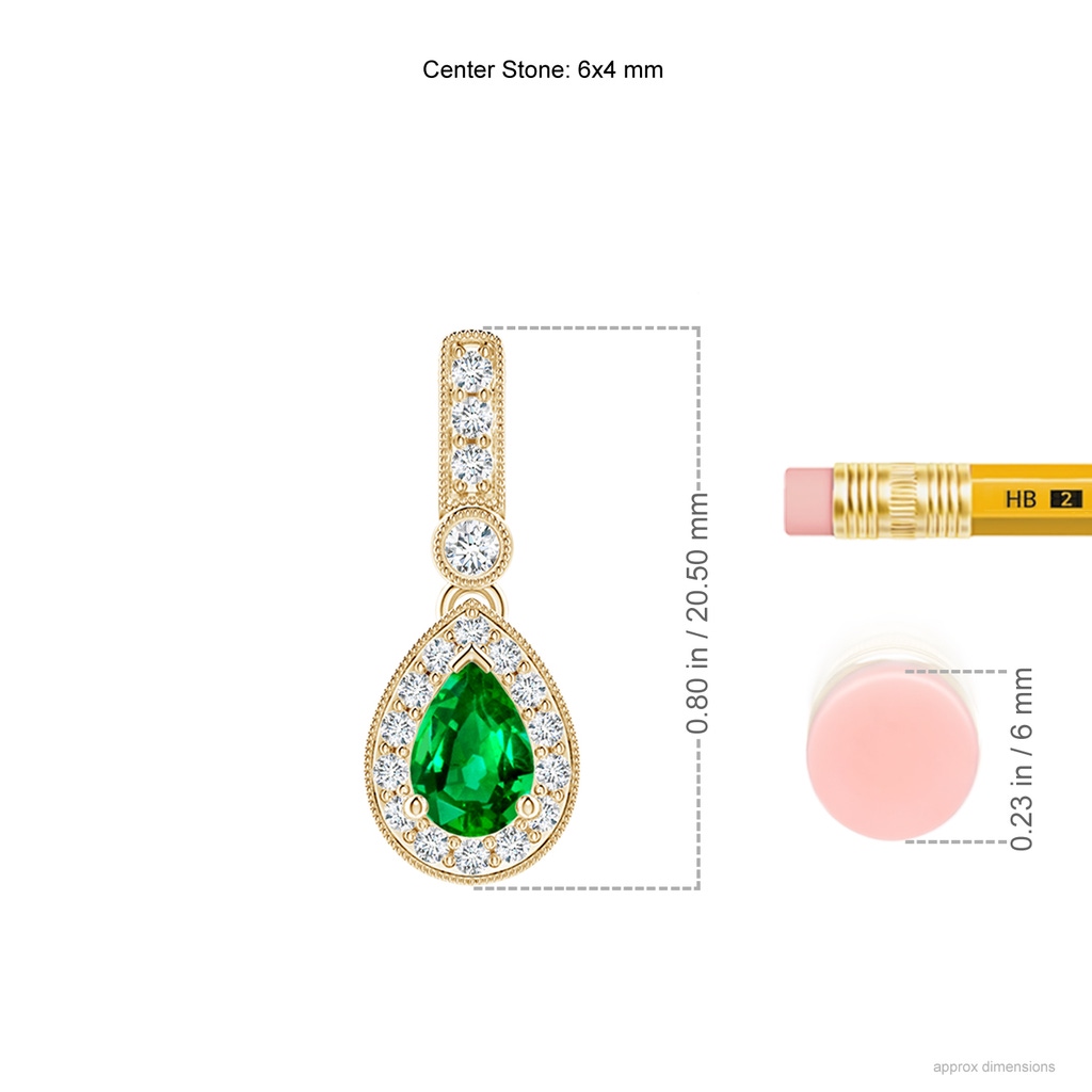 6x4mm AAAA Pear-Shaped Emerald and pave Diamond Halo Pendant in Yellow Gold Ruler
