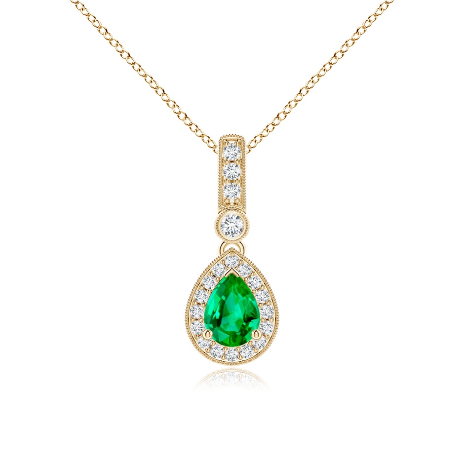 7x5mm AAA Pear-Shaped Emerald and pave Diamond Halo Pendant in Yellow Gold 