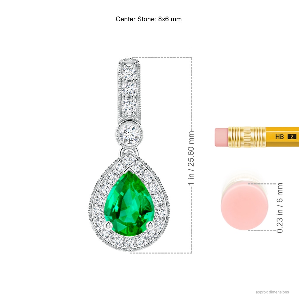 8x6mm AAA Pear-Shaped Emerald and pave Diamond Halo Pendant in White Gold Ruler