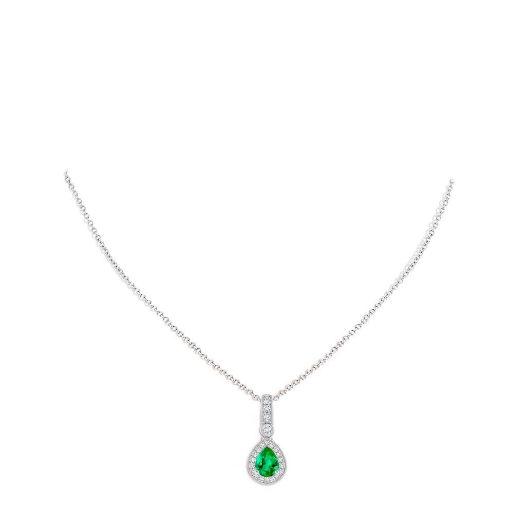 8x6mm AAA Pear-Shaped Emerald and pave Diamond Halo Pendant in White Gold Body-Neck