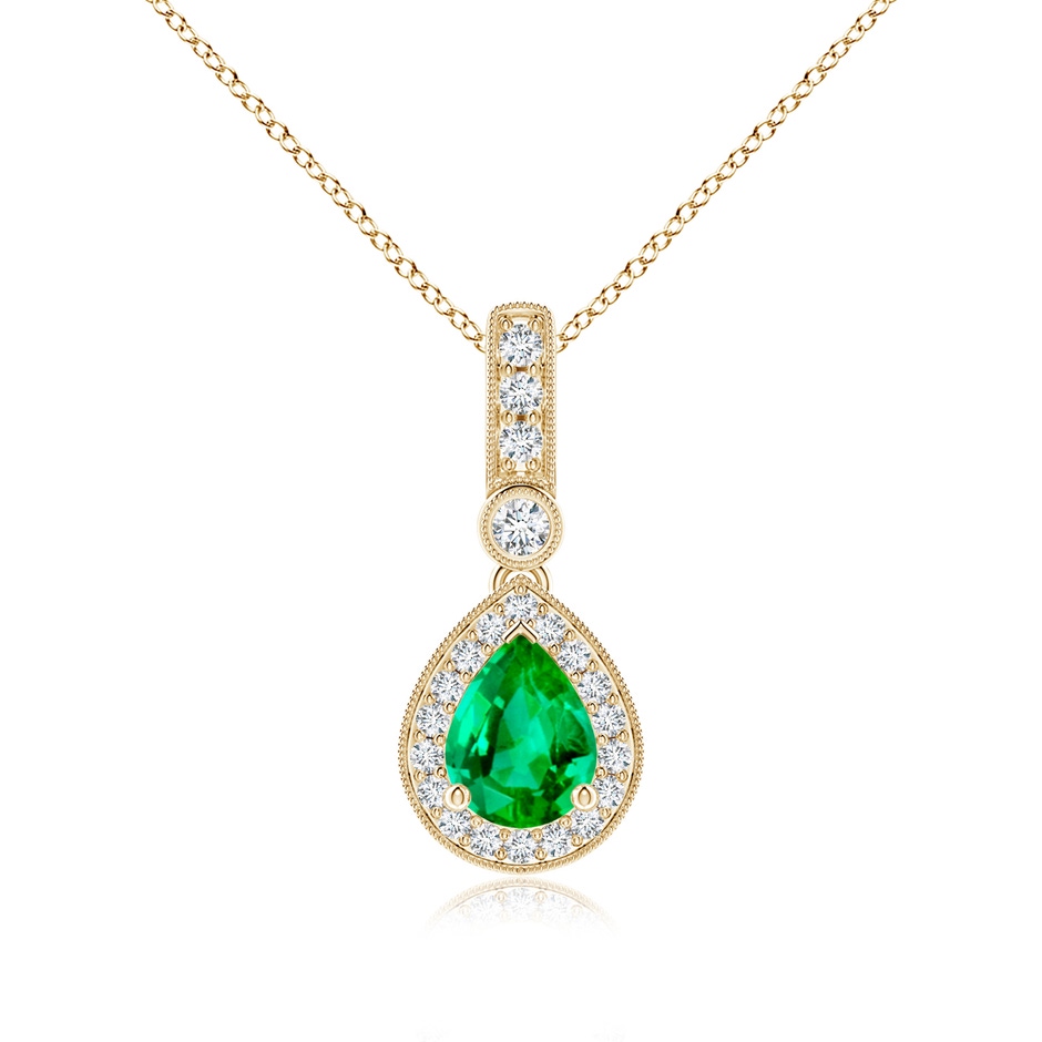 8x6mm AAA Pear-Shaped Emerald and pave Diamond Halo Pendant in Yellow Gold 