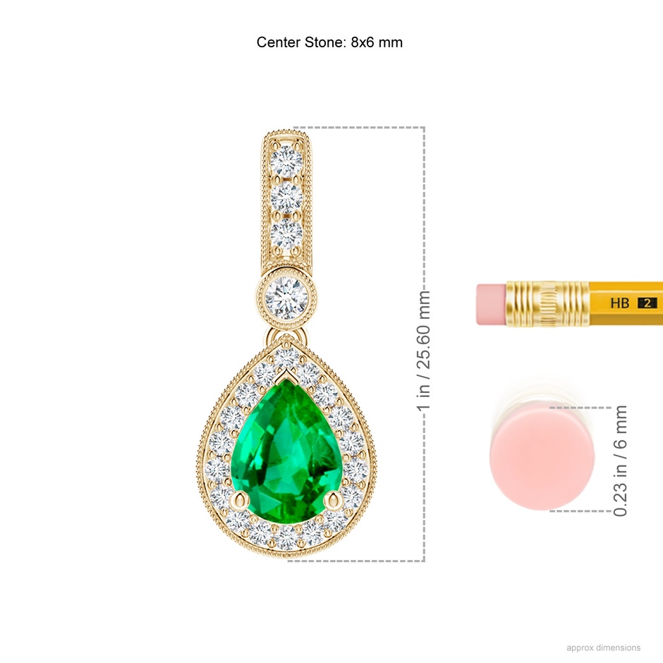 8x6mm AAA Pear-Shaped Emerald and pave Diamond Halo Pendant in Yellow Gold ruler