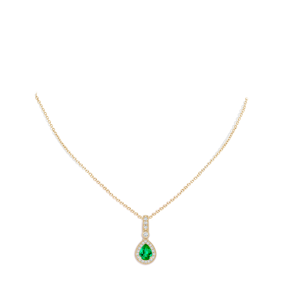 8x6mm AAA Pear-Shaped Emerald and pave Diamond Halo Pendant in Yellow Gold body-neck