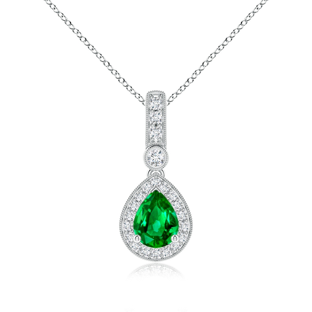 8x6mm AAAA Pear-Shaped Emerald and pave Diamond Halo Pendant in White Gold