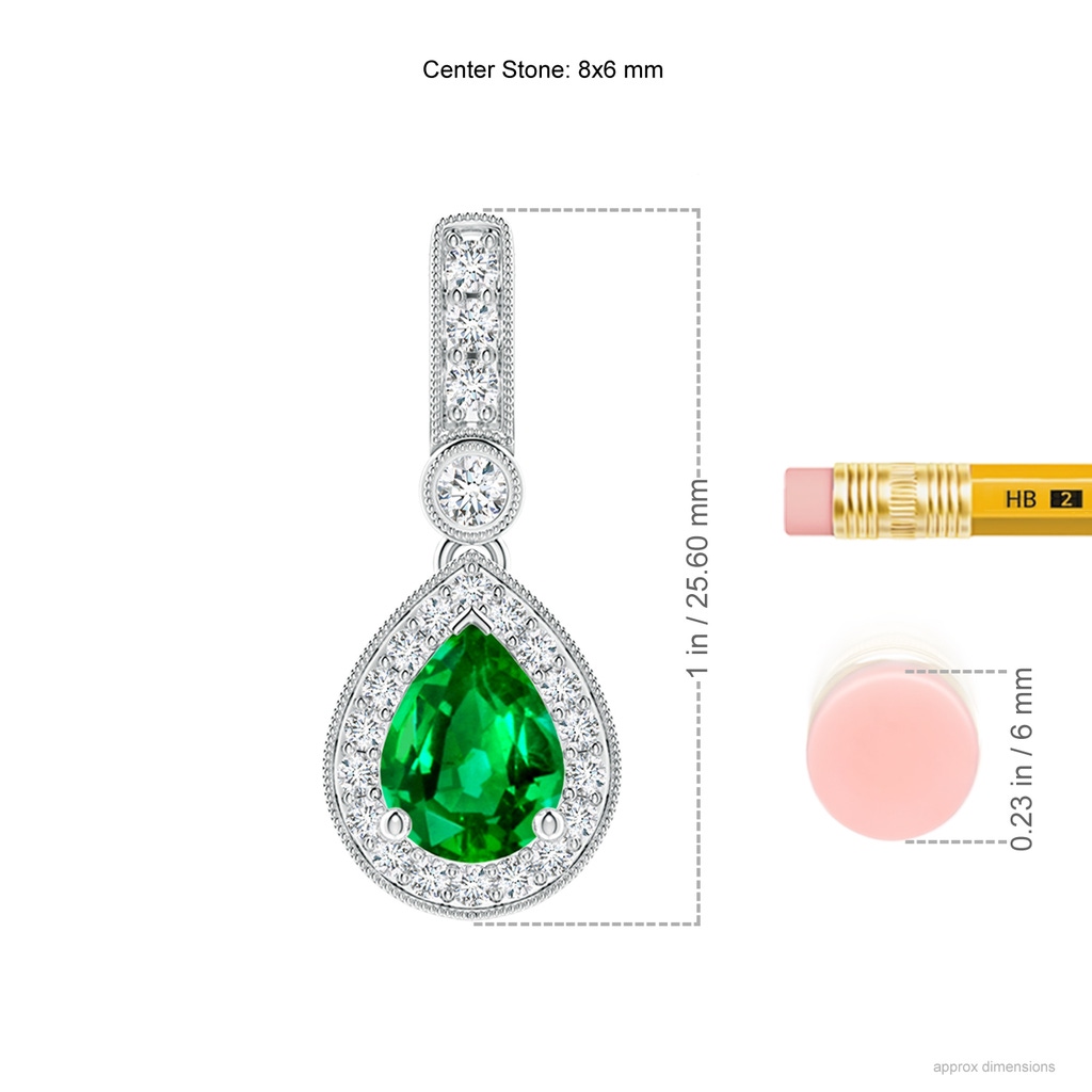 8x6mm AAAA Pear-Shaped Emerald and pave Diamond Halo Pendant in White Gold Ruler