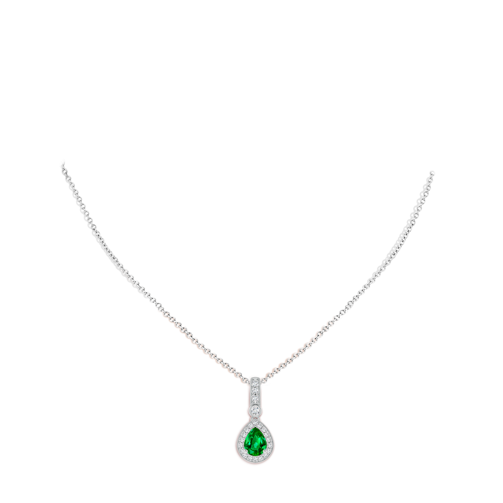 8x6mm AAAA Pear-Shaped Emerald and pave Diamond Halo Pendant in White Gold Body-Neck