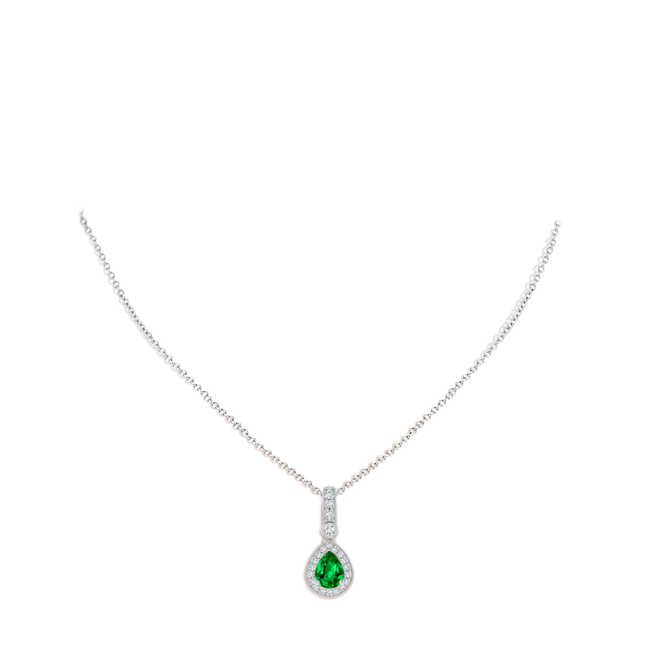 8x6mm Lab-Grown Pear-Shaped Emerald and pave Diamond Halo Pendant in White Gold body-neck