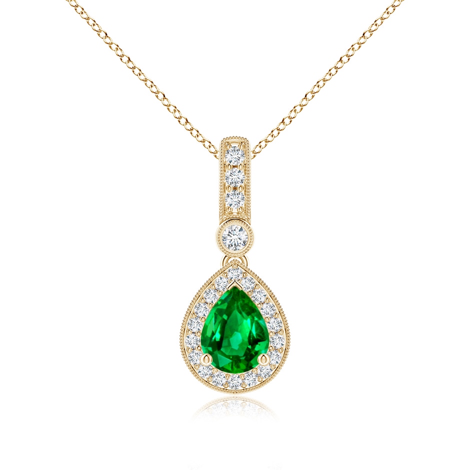 8x6mm Lab-Grown Pear-Shaped Emerald and pave Diamond Halo Pendant in Yellow Gold 