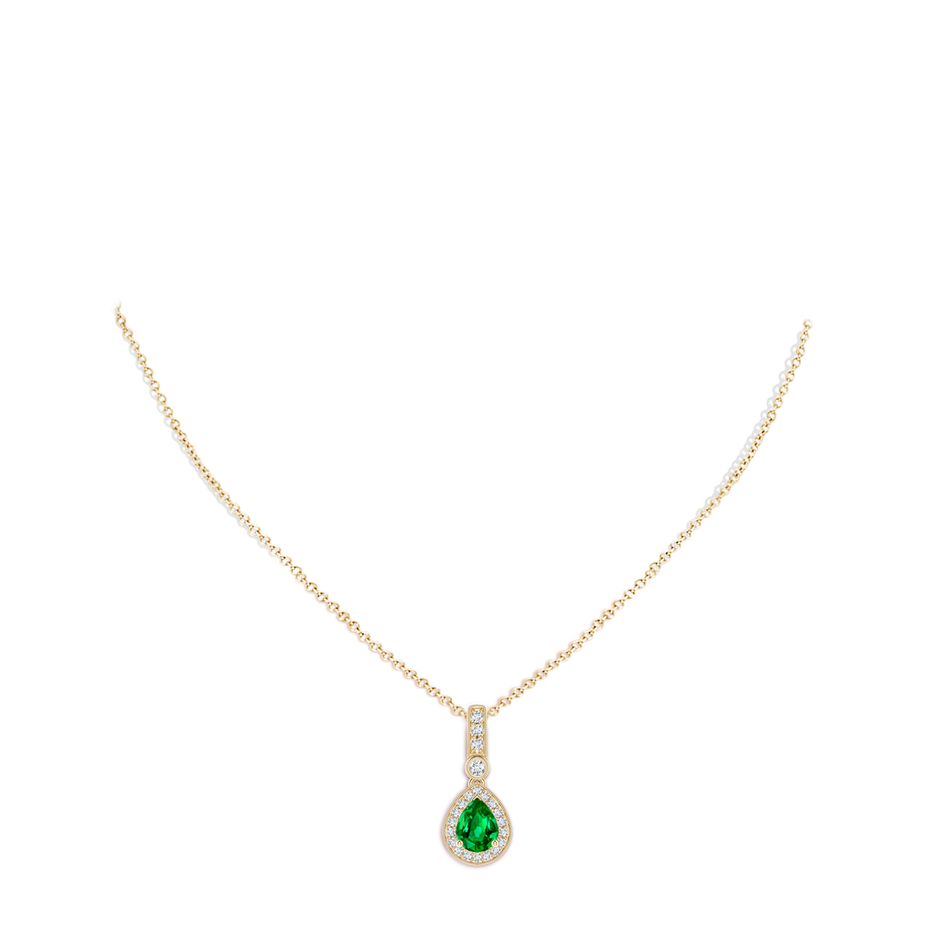 8x6mm Lab-Grown Pear-Shaped Emerald and pave Diamond Halo Pendant in Yellow Gold body-neck