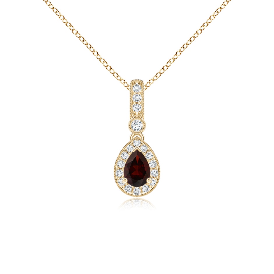 6x4mm A Pear-Shaped Garnet and pave Diamond Halo Pendant in Yellow Gold 