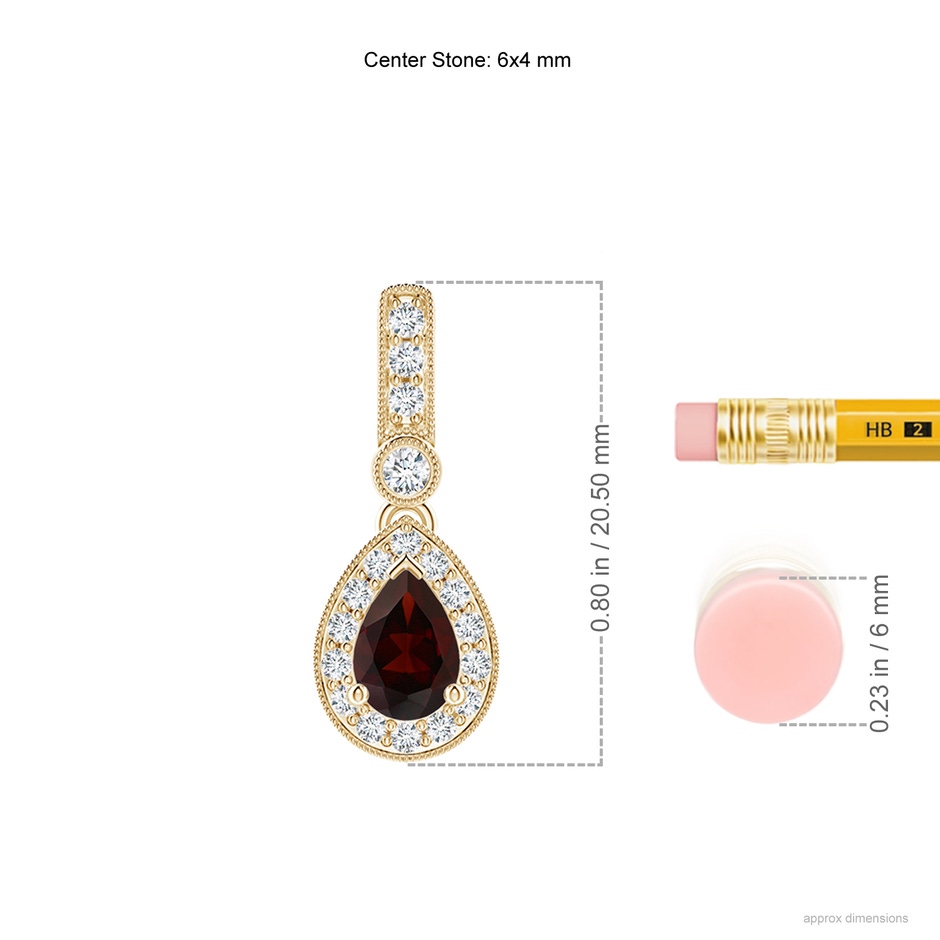 6x4mm A Pear-Shaped Garnet and pave Diamond Halo Pendant in Yellow Gold ruler