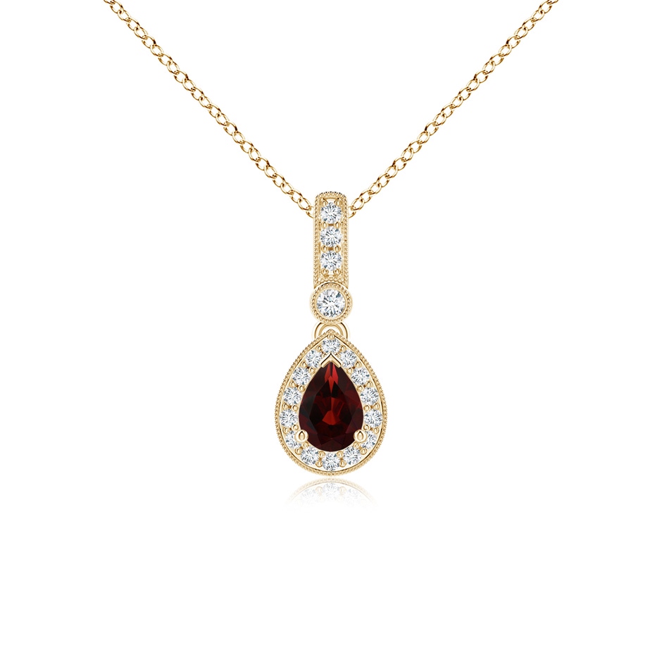 6x4mm AA Pear-Shaped Garnet and pave Diamond Halo Pendant in Yellow Gold 
