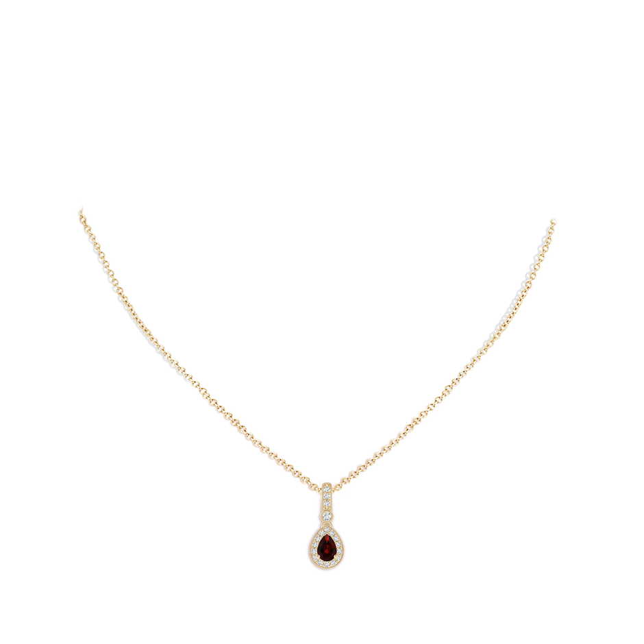 6x4mm AA Pear-Shaped Garnet and pave Diamond Halo Pendant in Yellow Gold body-neck