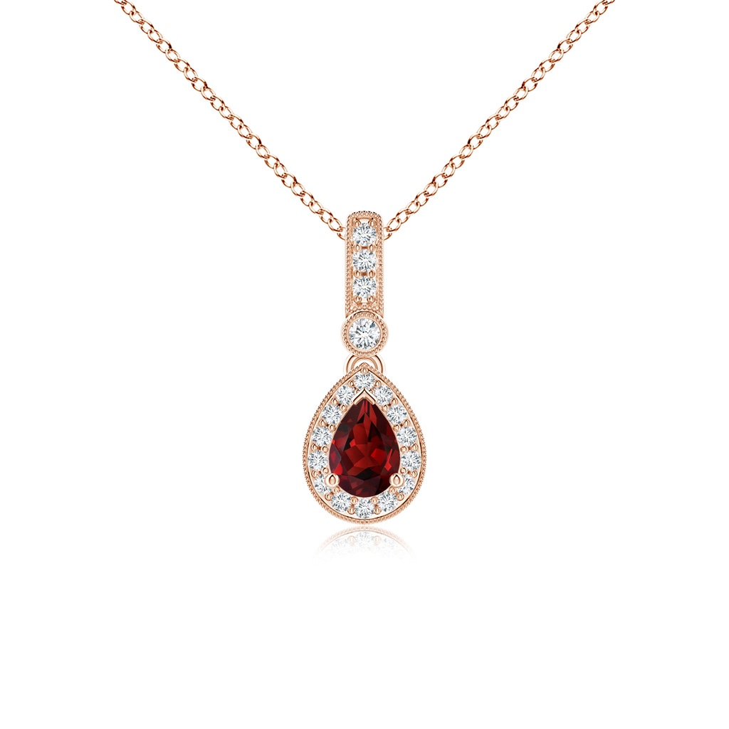 6x4mm AAAA Pear-Shaped Garnet and pave Diamond Halo Pendant in Rose Gold