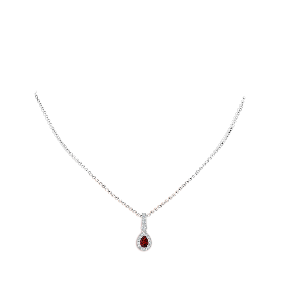 6x4mm AAAA Pear-Shaped Garnet and pave Diamond Halo Pendant in White Gold body-neck