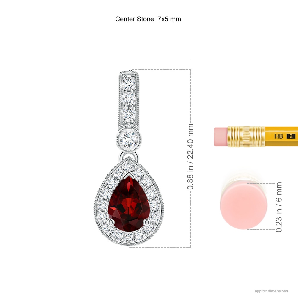 7x5mm AAA Pear-Shaped Garnet and pave Diamond Halo Pendant in White Gold Ruler