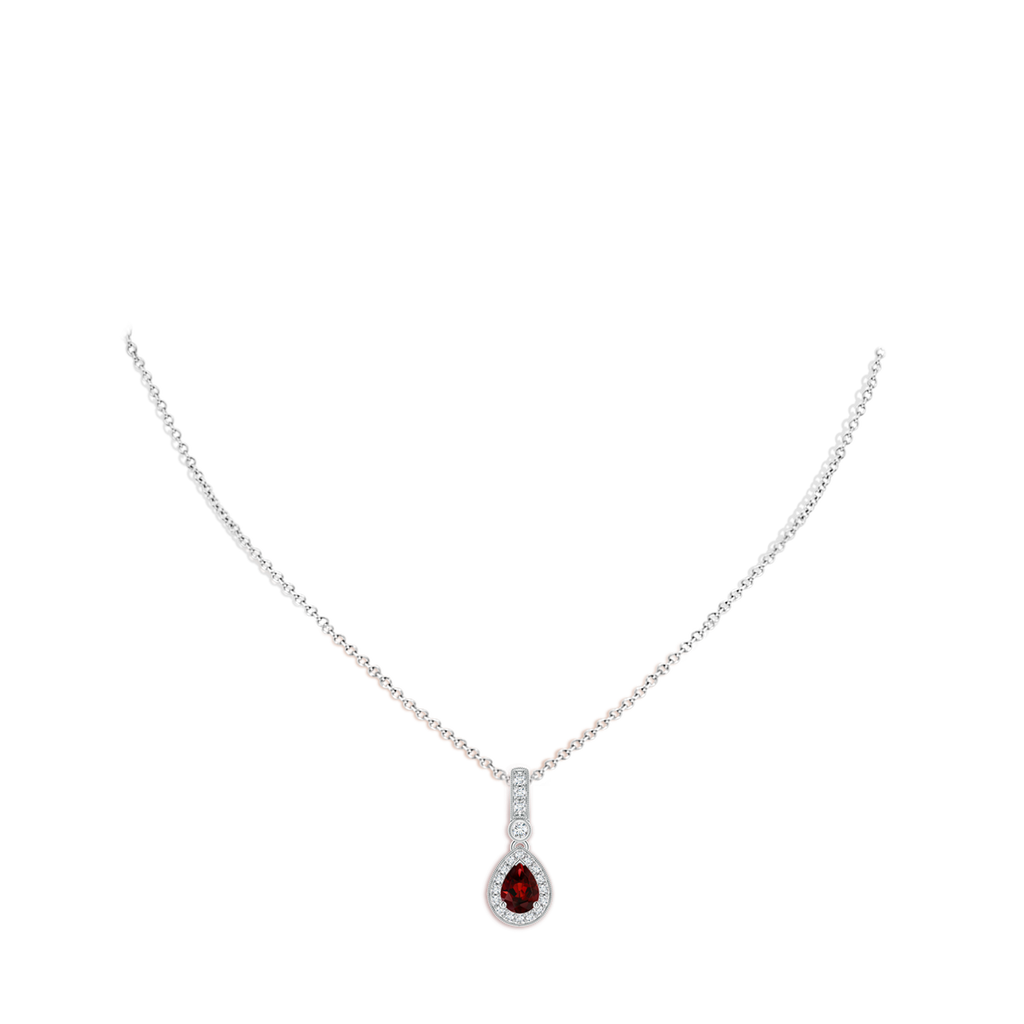 7x5mm AAA Pear-Shaped Garnet and pave Diamond Halo Pendant in White Gold Body-Neck