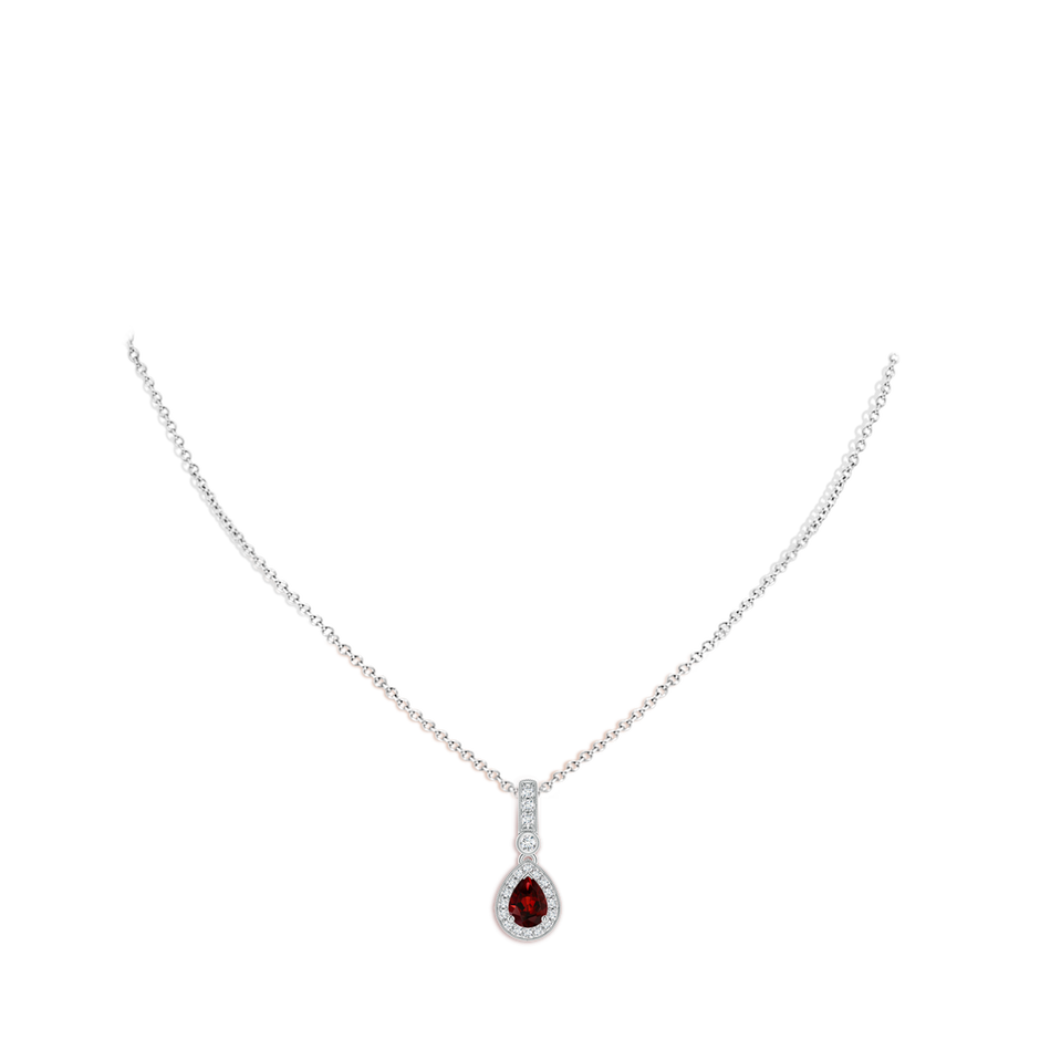 7x5mm AAA Pear-Shaped Garnet and pave Diamond Halo Pendant in White Gold body-neck