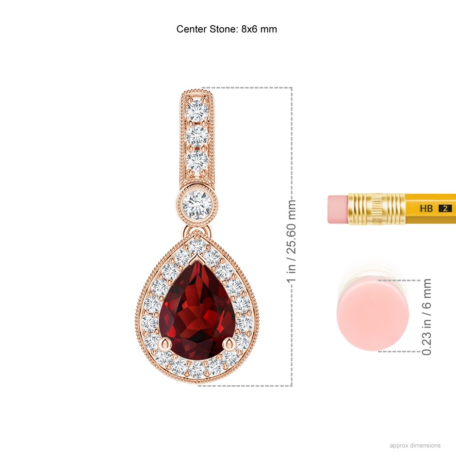 8x6mm AAAA Pear-Shaped Garnet and pave Diamond Halo Pendant in Rose Gold ruler