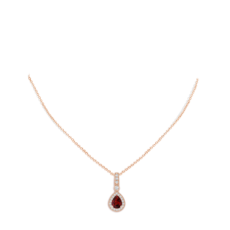 8x6mm AAAA Pear-Shaped Garnet and pave Diamond Halo Pendant in Rose Gold body-neck