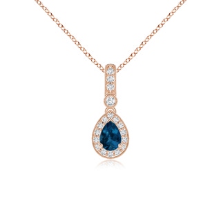 6x4mm AAA Pear-Shaped London Blue Topaz and pave Diamond Halo Pendant in Rose Gold