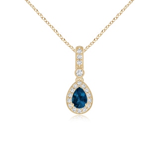 6x4mm AAA Pear-Shaped London Blue Topaz and pave Diamond Halo Pendant in Yellow Gold