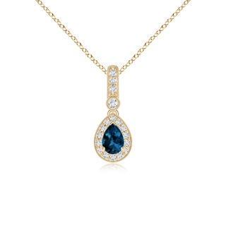 6x4mm AAAA Pear-Shaped London Blue Topaz and pave Diamond Halo Pendant in Yellow Gold