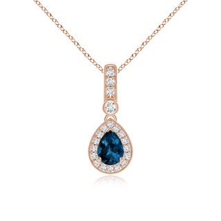 7x5mm AAAA Pear-Shaped London Blue Topaz and pave Diamond Halo Pendant in Rose Gold