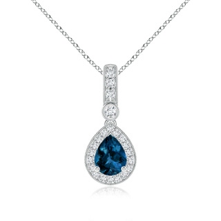 8x6mm AAAA Pear-Shaped London Blue Topaz and pave Diamond Halo Pendant in P950 Platinum