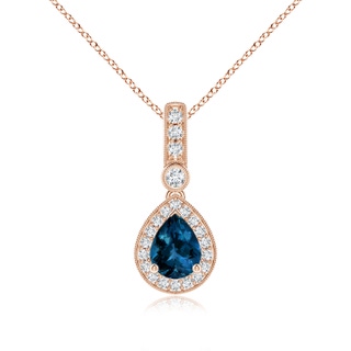 8x6mm AAAA Pear-Shaped London Blue Topaz and pave Diamond Halo Pendant in Rose Gold