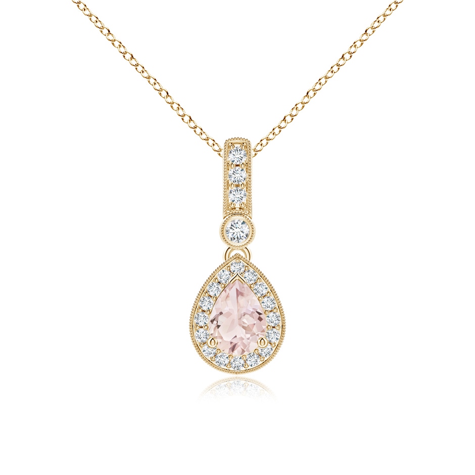 7x5mm A Pear-Shaped Morganite and pave Diamond Halo Pendant in Yellow Gold 