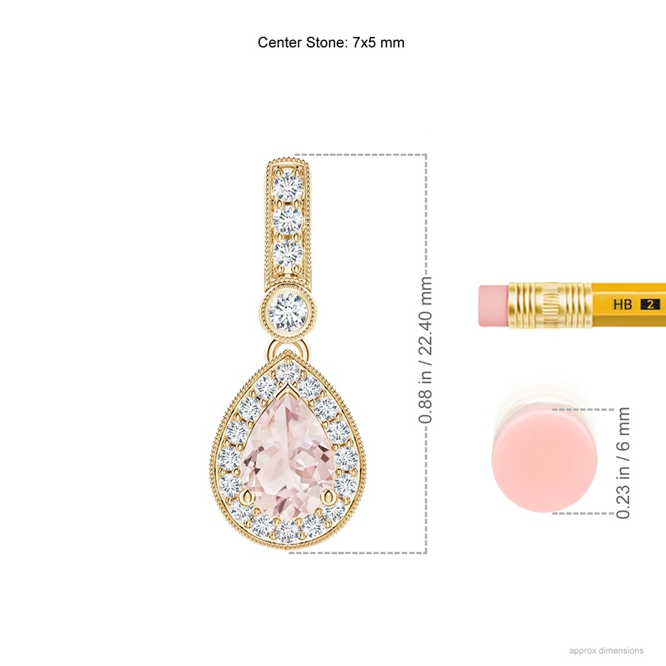 7x5mm A Pear-Shaped Morganite and pave Diamond Halo Pendant in Yellow Gold ruler