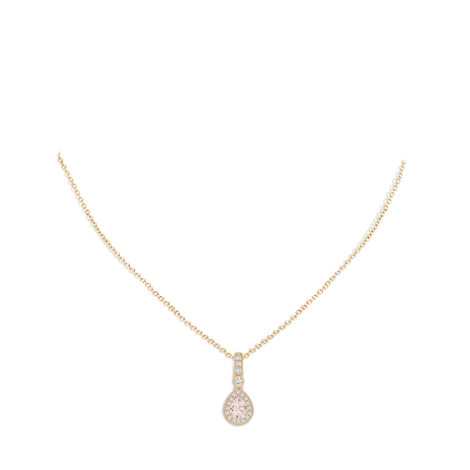 7x5mm A Pear-Shaped Morganite and pave Diamond Halo Pendant in Yellow Gold body-neck
