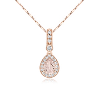 7x5mm AA Pear-Shaped Morganite and pave Diamond Halo Pendant in Rose Gold