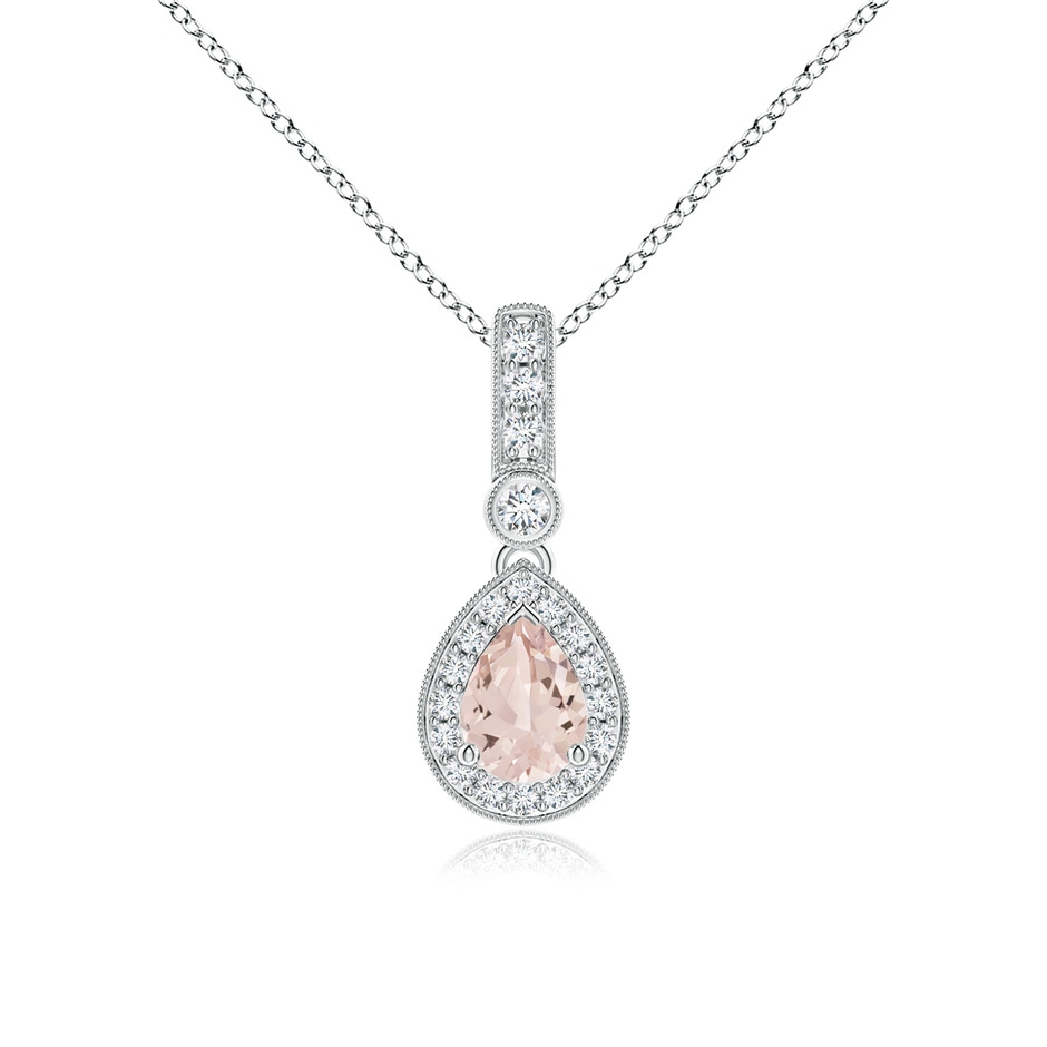 7x5mm AA Pear-Shaped Morganite and pave Diamond Halo Pendant in White Gold 