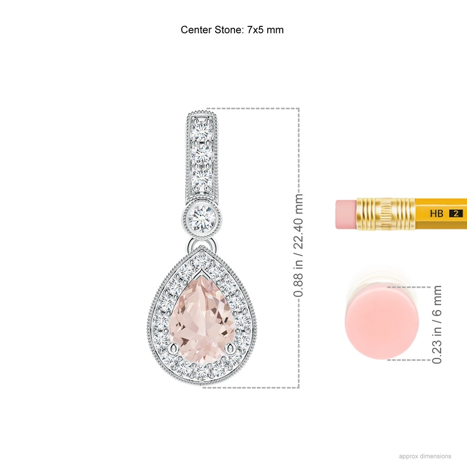 7x5mm AA Pear-Shaped Morganite and pave Diamond Halo Pendant in White Gold ruler