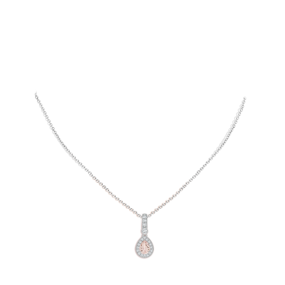 7x5mm AA Pear-Shaped Morganite and pave Diamond Halo Pendant in White Gold body-neck