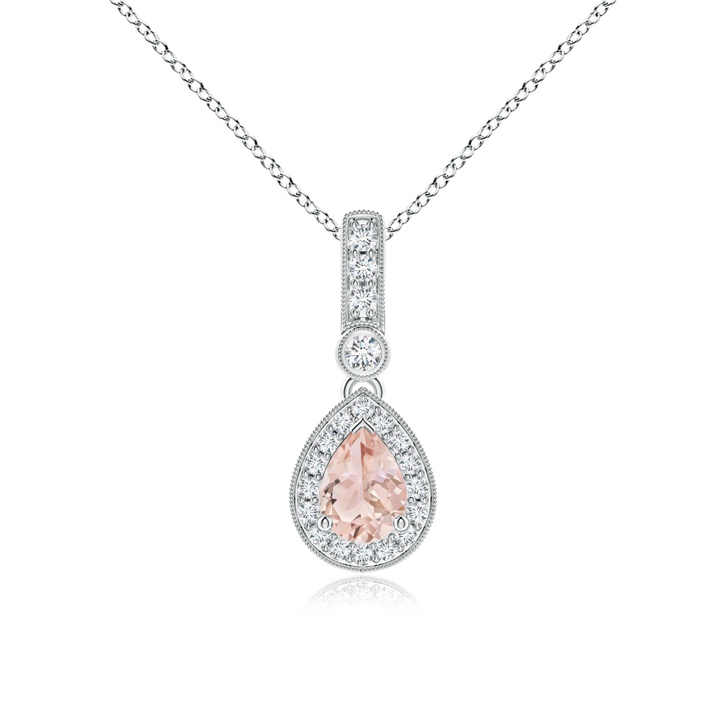 7x5mm AAA Pear-Shaped Morganite and pave Diamond Halo Pendant in White Gold