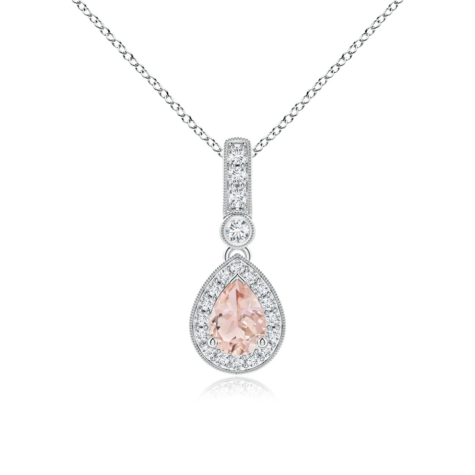 7x5mm AAA Pear-Shaped Morganite and pave Diamond Halo Pendant in White Gold 