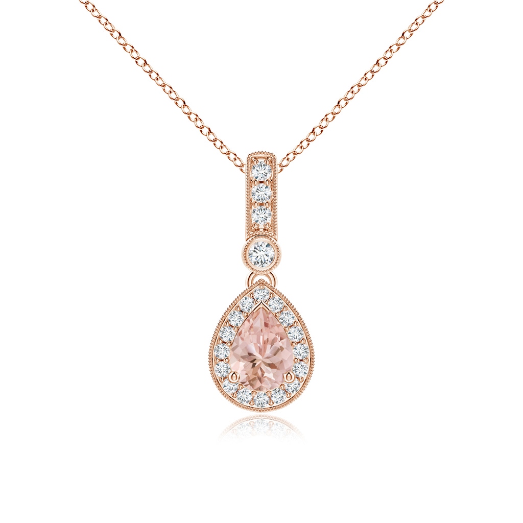 7x5mm AAAA Pear-Shaped Morganite and pave Diamond Halo Pendant in Rose Gold 