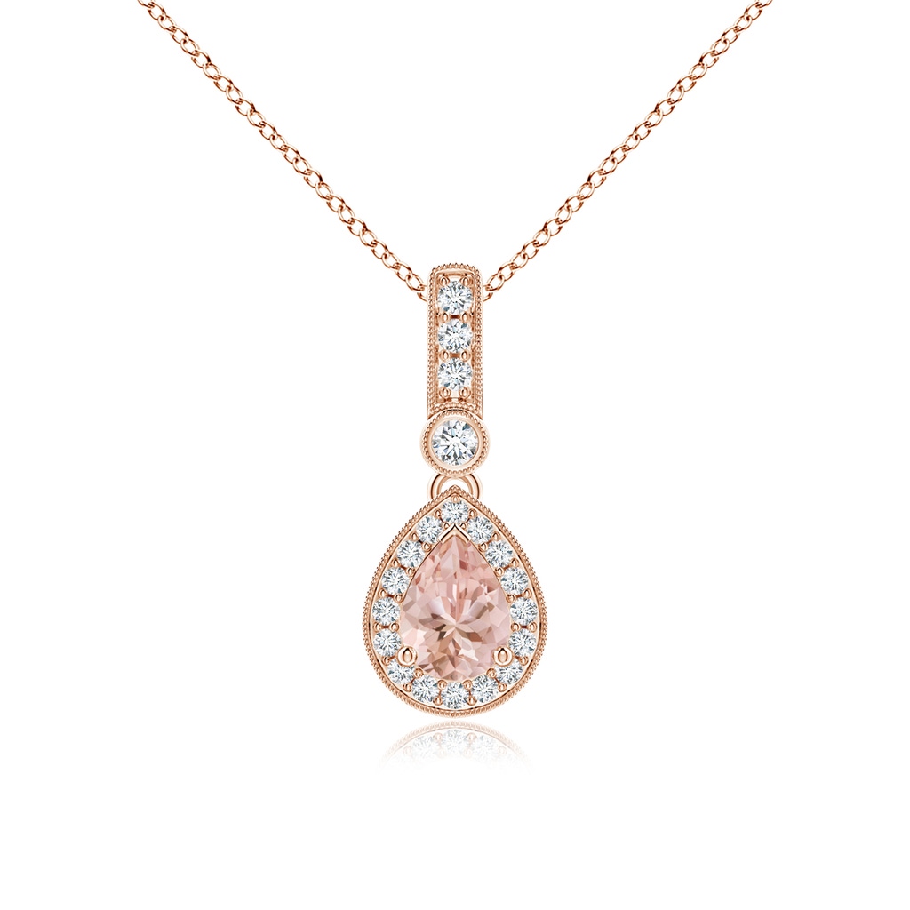 7x5mm AAAA Pear-Shaped Morganite and pave Diamond Halo Pendant in Rose Gold