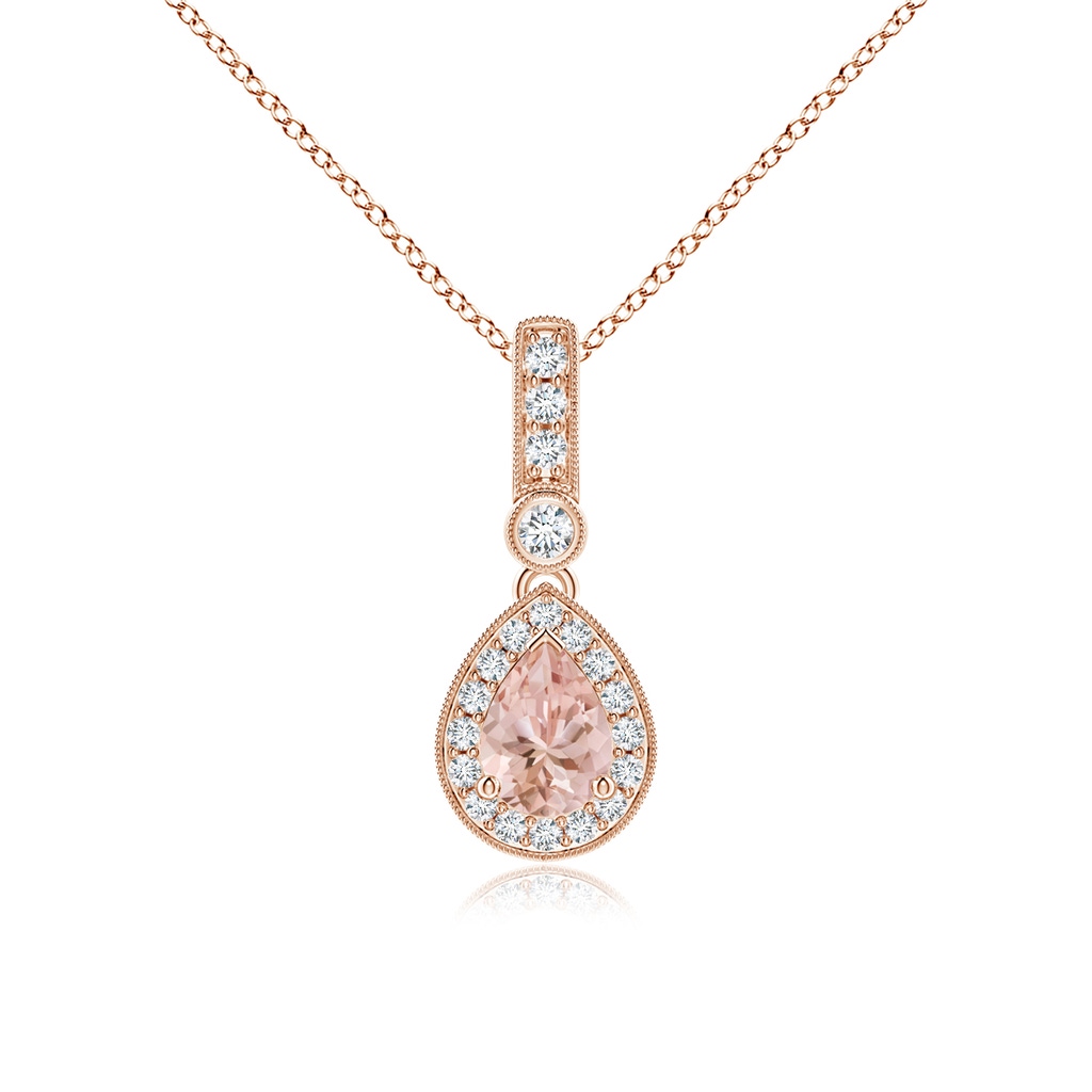 7x5mm AAAA Pear-Shaped Morganite and pave Diamond Halo Pendant in Rose Gold