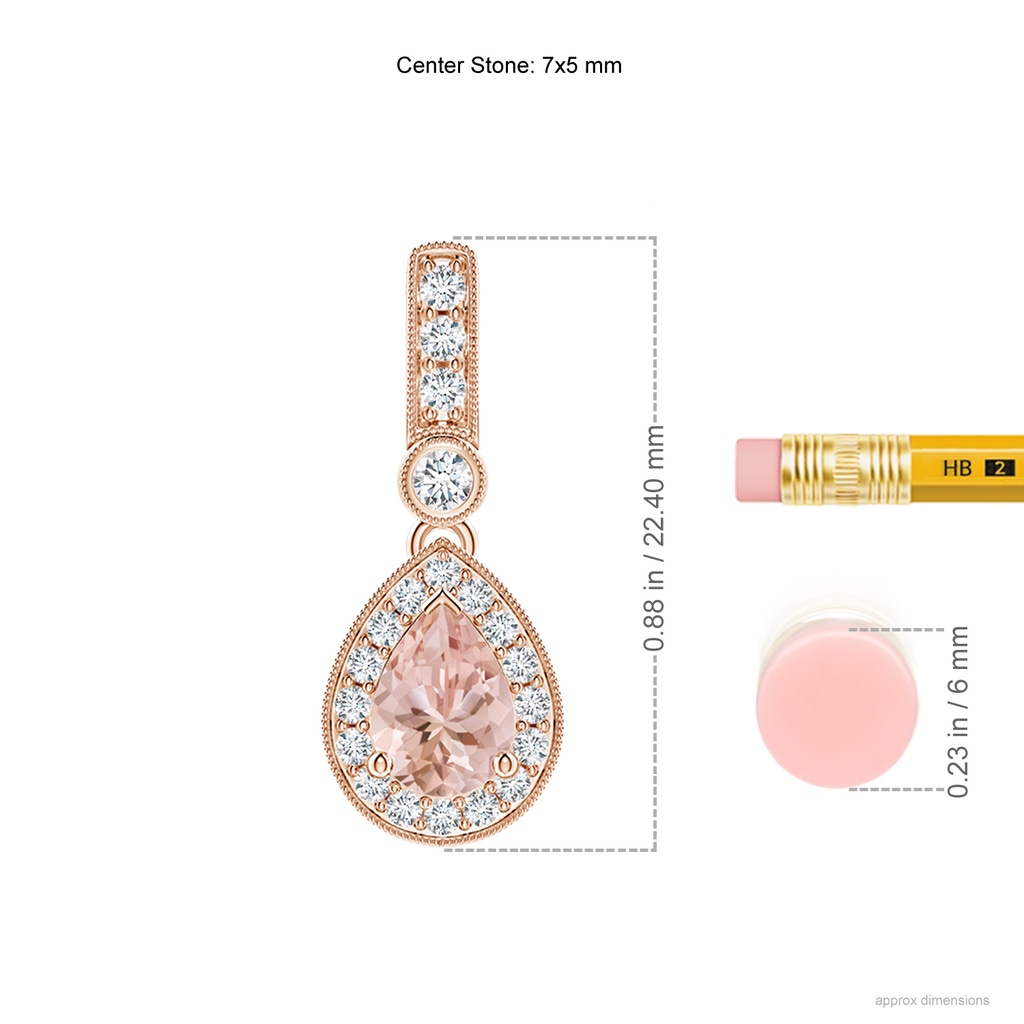 7x5mm AAAA Pear-Shaped Morganite and pave Diamond Halo Pendant in Rose Gold Ruler