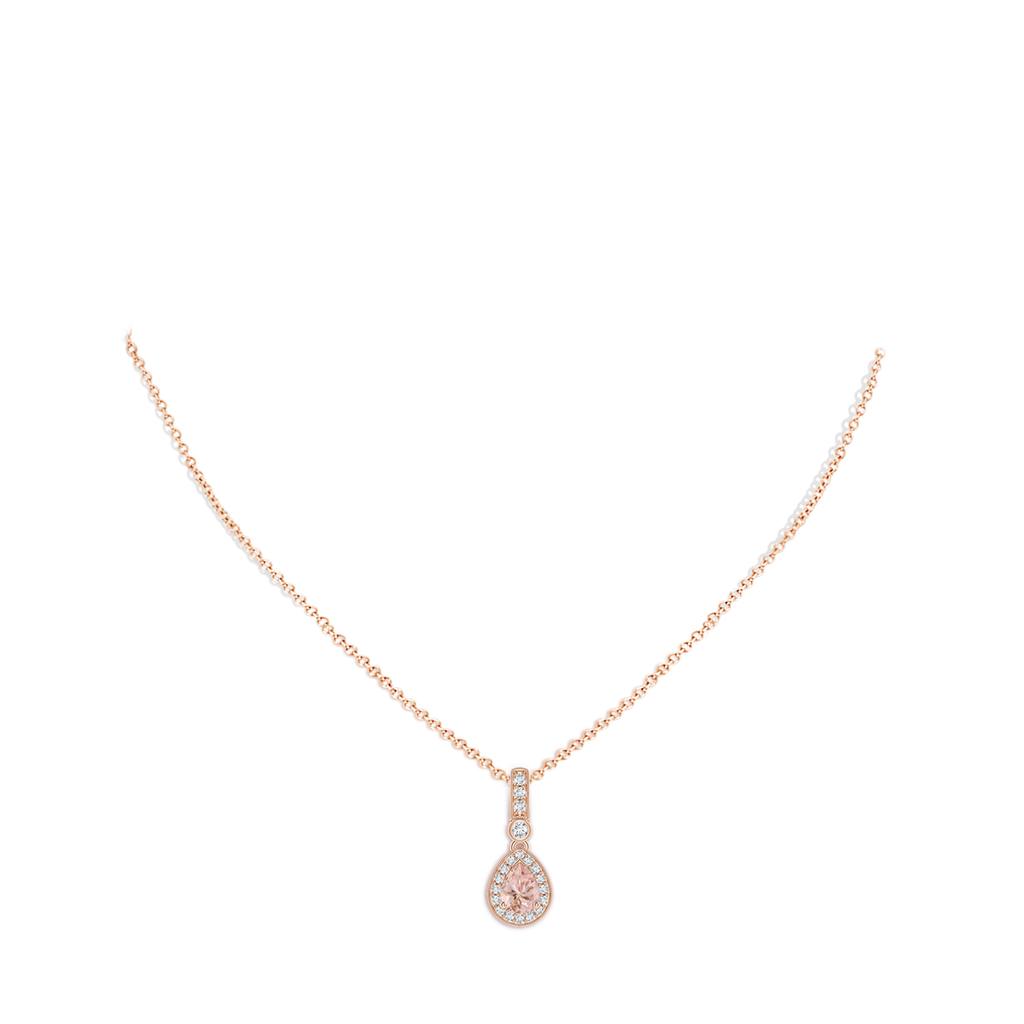 7x5mm AAAA Pear-Shaped Morganite and pave Diamond Halo Pendant in Rose Gold Body-Neck